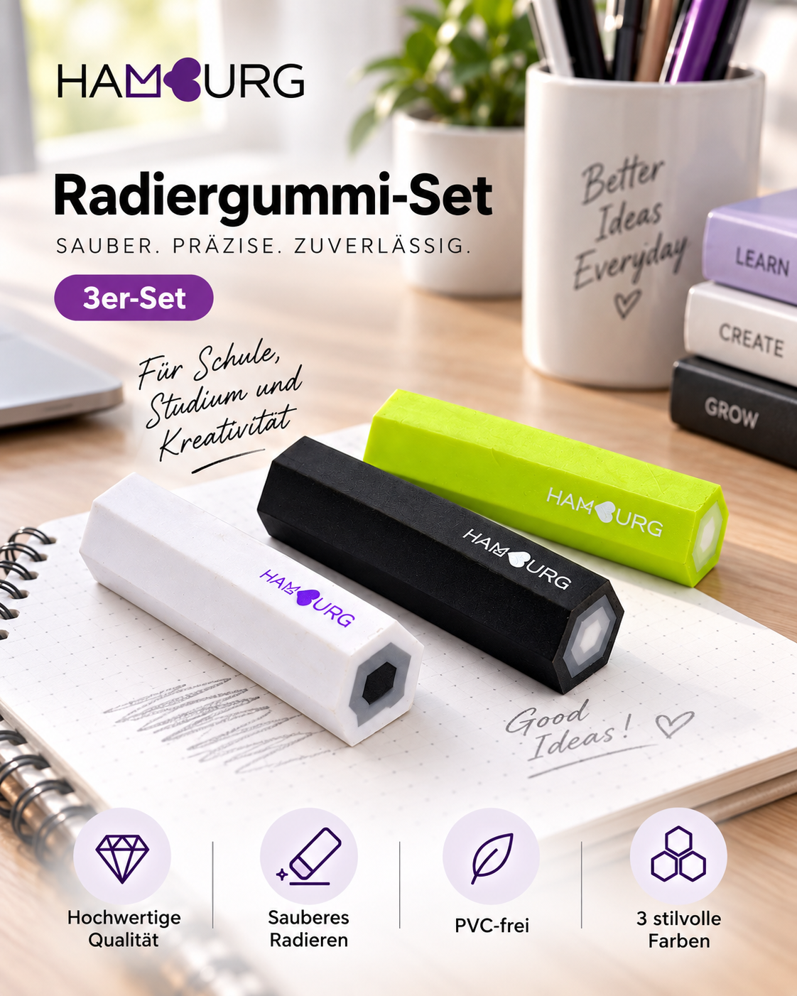 HAMBURG Radiergummi-Set im 3er-Pack auf einem Schreibtisch