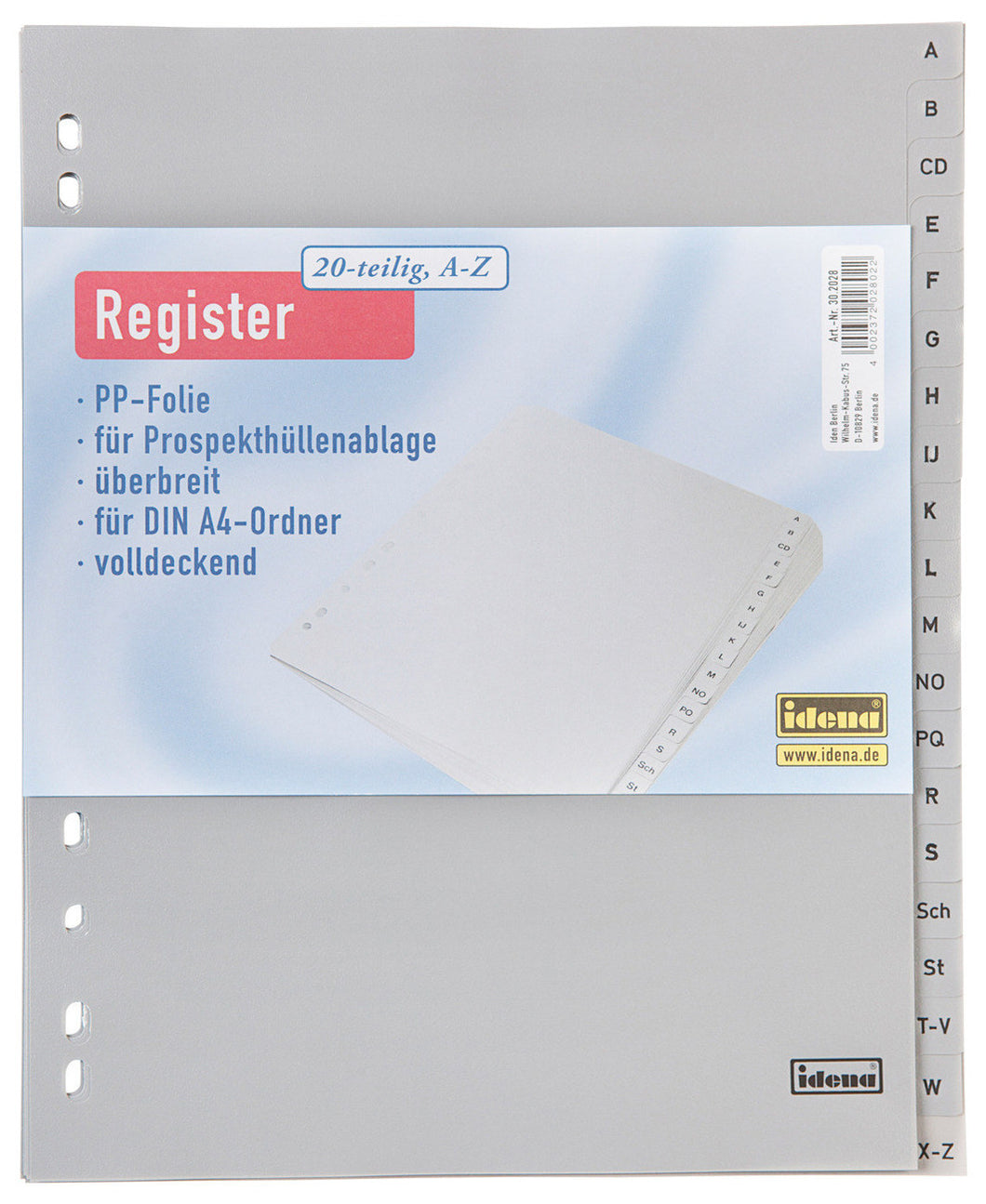 Register A - Z Überbreite, 20-teilig, DIN A4, aus PP, volldeckend, grau