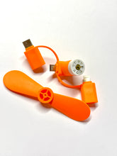 Lade das Bild in den Galerie-Viewer, Ventilator Orange – Tragbarer Handy-Ventilator mit 3-in-1 Anschluss (USB-C, Micro-USB, iPhone)
