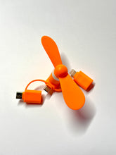 Lade das Bild in den Galerie-Viewer, Ventilator Orange – Tragbarer Handy-Ventilator mit 3-in-1 Anschluss (USB-C, Micro-USB, iPhone)
