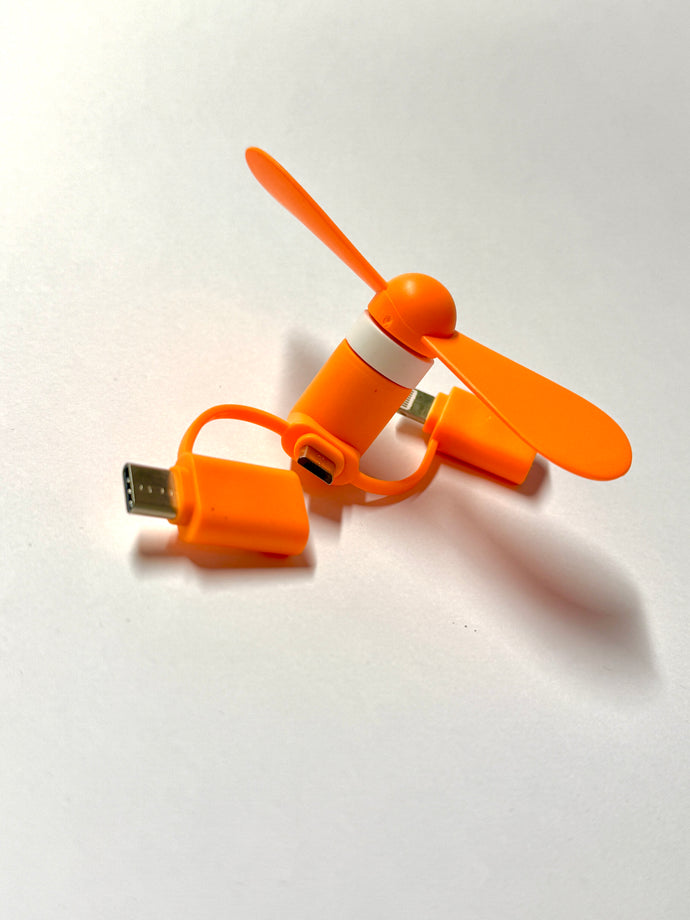 Ventilator Orange – Tragbarer Handy-Ventilator mit 3-in-1 Anschluss (USB-C, Micro-USB, iPhone)