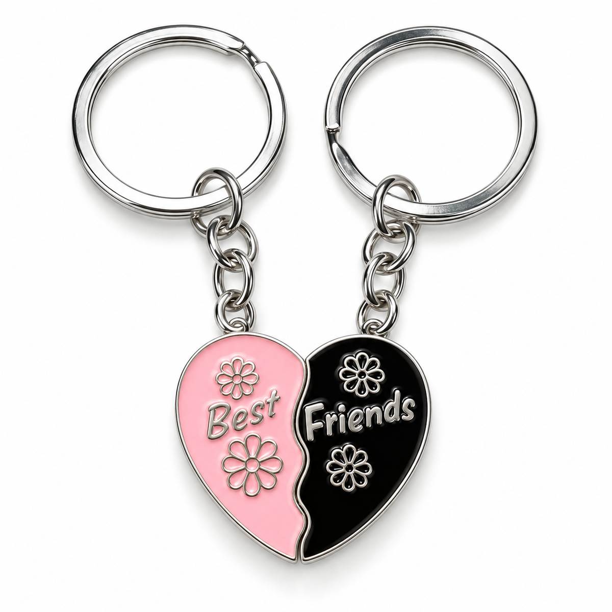 Best Friends Schlüsselanhänger Set mit geteiltem Herz in Rosa und Schwarz
