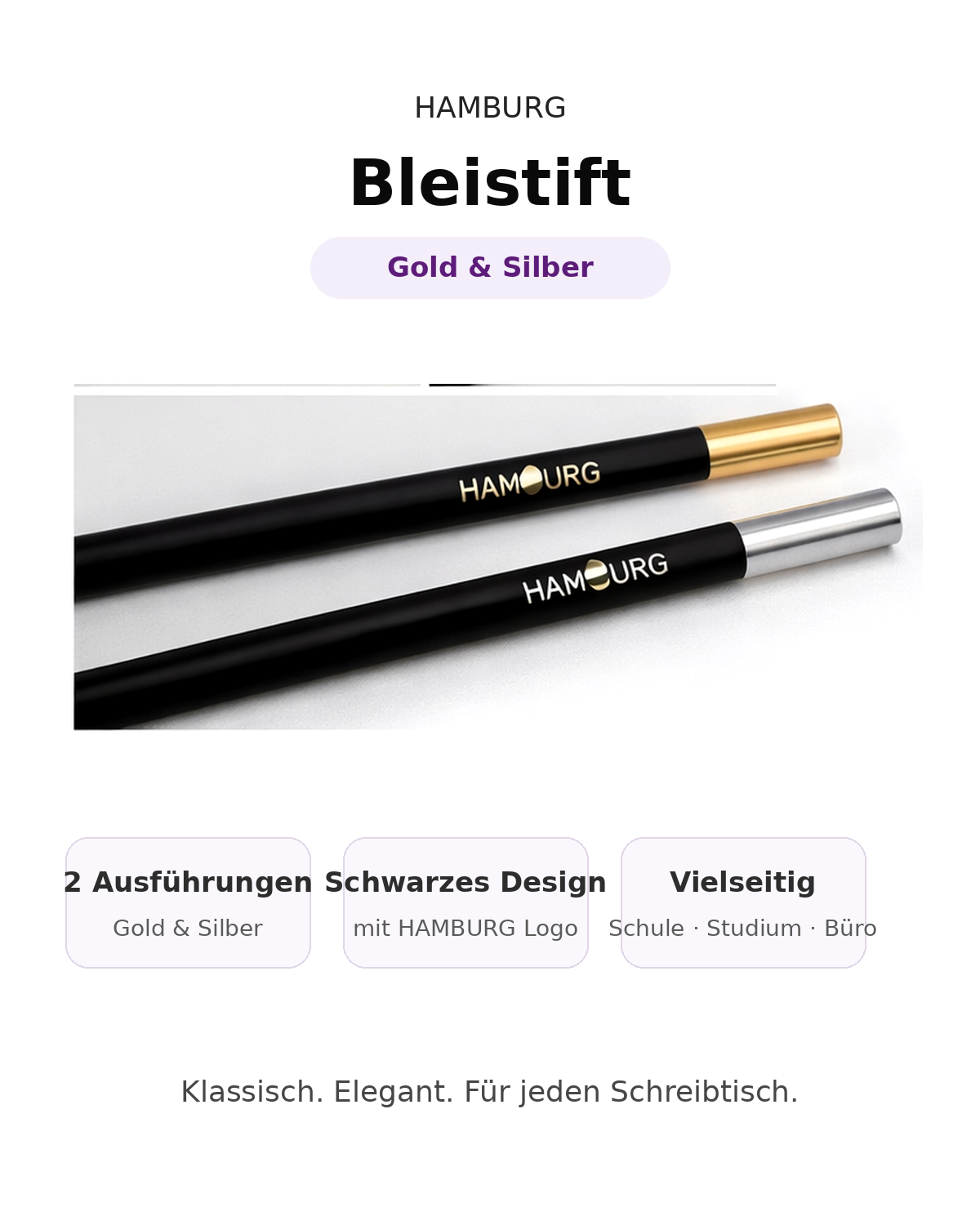 HAMBURG Bleistift in Schwarz mit Gold- und Silberkappe