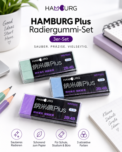 HAMBURG Plus Radiergummi-Set im 3er-Pack in Mint, Blau und Lila
