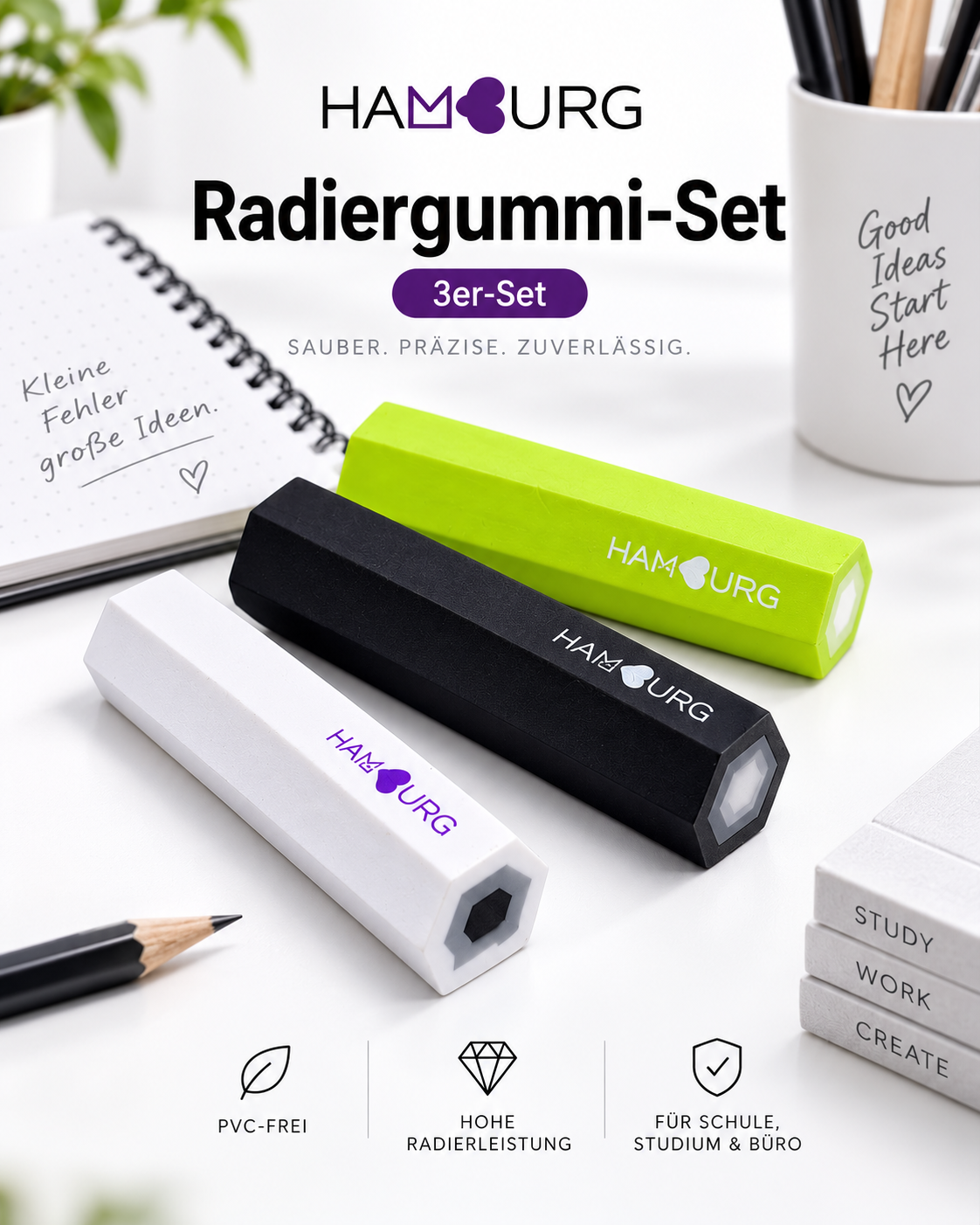 HAMBURG Radiergummi-Set im 3er-Pack mit weißem, schwarzem und grünem Radiergummi