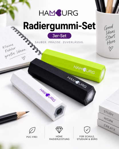 HAMBURG Radiergummi-Set im 3er-Pack mit weißem, schwarzem und grünem Radiergummi