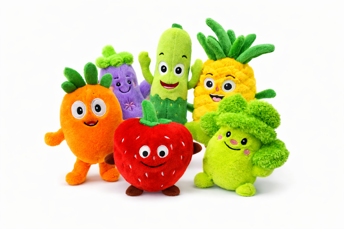 Sechs Obst- und Gemüse-Plüschtiere als komplettes Set